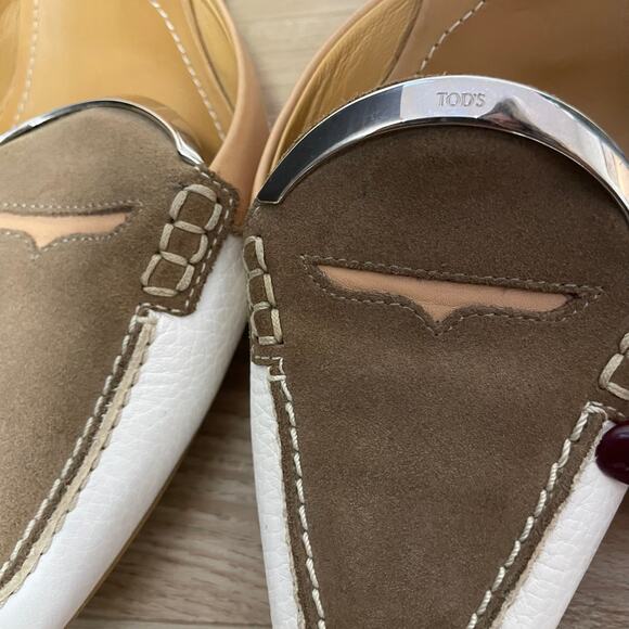 Tod’s Debbie Slingback pumps pointed toe loafer style tan brow white size 8.5 - Picture 4 of 11